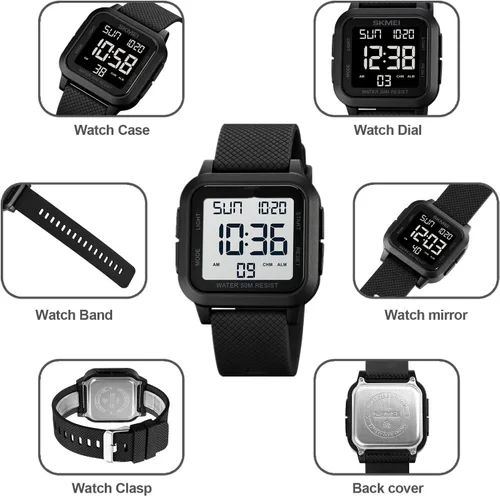 Vista 6 de Relojes digitales deportivos para hombre, reloj deportivo impermeable al aire libre con retroiluminación LED, alarma, temporizador de cuenta