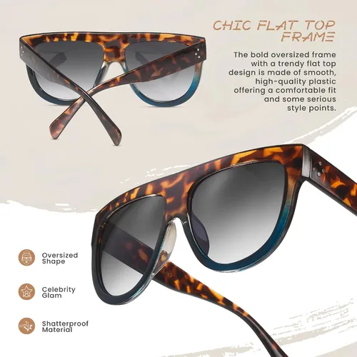 Vista 3 de Gafas de sol de gran tamaño con parte superior plana para mujer, diseño cuadrado grande, retro, gafas de sol