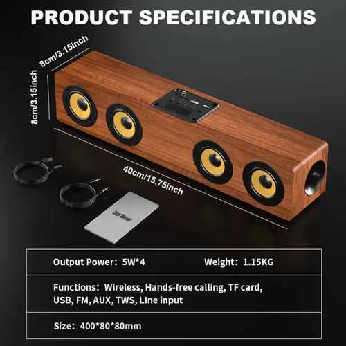 Vista 4 de Altavoz de barra de sonido portátil Bluetooth 5.3 de madera retro, estéreo de 20 W 2.0 con refuerzo de graves, emparejamiento TWS, radio