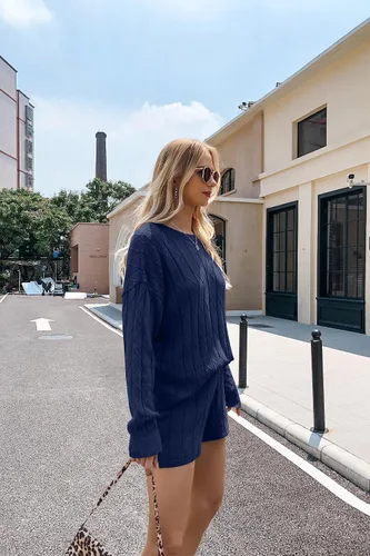 Vista 4 de Ekouaer Conjunto de 2 piezas de suéter de manga larga y pantalones cortos para mujer