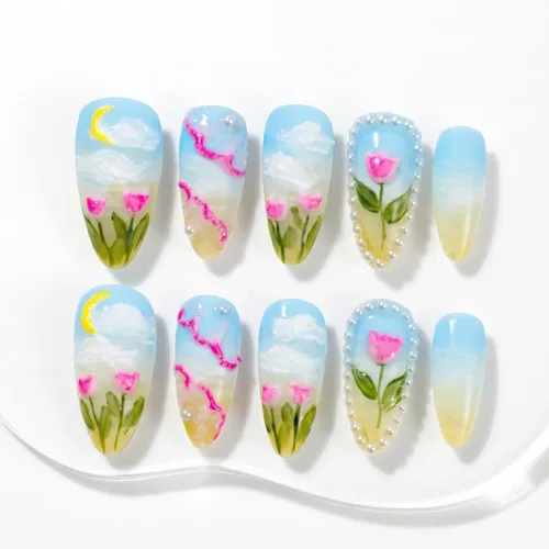Vista 13 de Sun&Beam Nails Dije hecho a mano de almendra media larga con diseño de diamante de color nude, lindas puntas de uñas postizas, 10 unidades (#99 S)