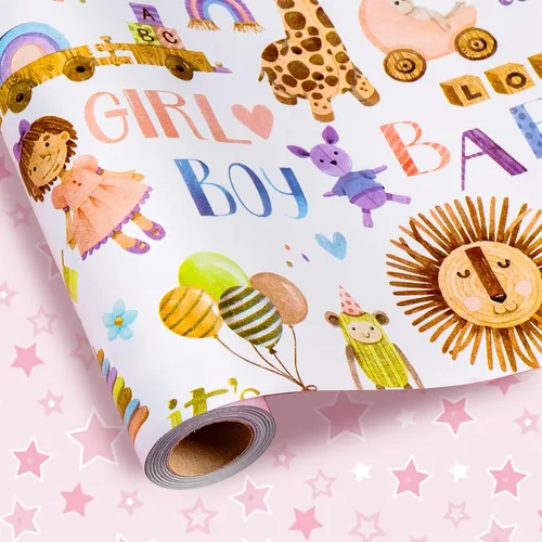 Vista 26 de Homeral Rollo de papel para envolver regalos azul para baby shower - Rollo mini - 17 pulgadas x 16.5 pies - Juego reversible de papel de regalo