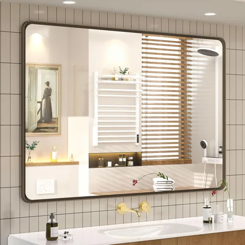 Vista 27 de OKPAL - Espejo de tocador de baño de 20x24 pulgadas con marco de metal cepillado en bronce, espejo de baño con marco de metal cepillado en bronce