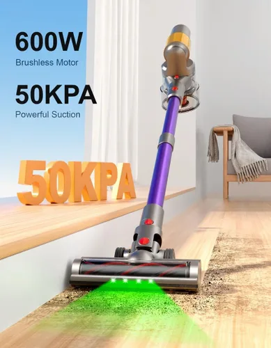 Vista 3 de Aspiradora inalámbrica, 2 baterías de 120 minutos de tiempo de funcionamiento, 600 W 50 KPA aspiradora con autoservicio, cepillo sin enredos
