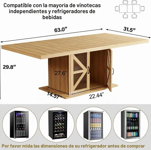 Vista 2 de LVB Mesa de comedor para 4-6, moderna mesa de comedor de madera, mesa de cocina rectangular de granja con espacio de almacenamiento y refrigerador