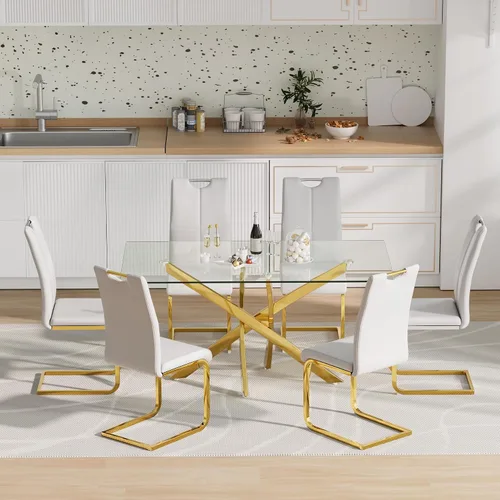 Vista 13 de Juego de mesa de comedor de cristal para 4, moderno juego de mesa de comedor de 51 pulgadas para 4, mesa de cristal dorada en forma de X con 4 Gris