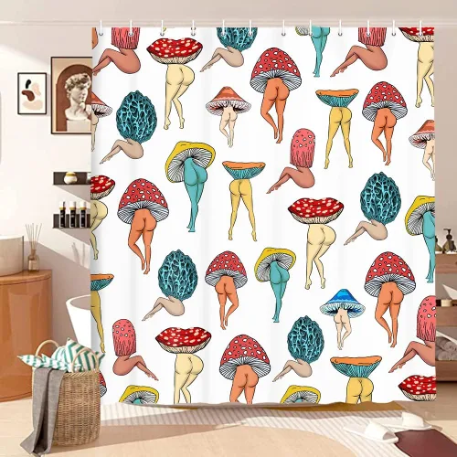 Vista 14 de Divertida cortina de ducha con trasero de hongo, divertida y sexy, de los años 70 y 80, cortinas de ducha de tela para baño, hippie, psicodélico