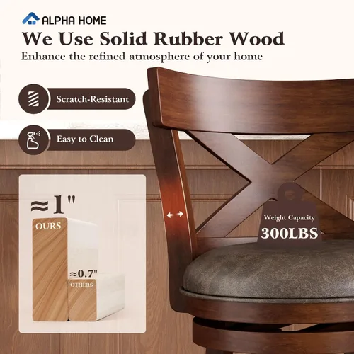 Vista 6 de ALPHA HOME Taburetes de bar giratorios con respaldo, 26 pulgadas, juego de 2, taburetes de bar de madera, sillas de bar de 360 grados con patas