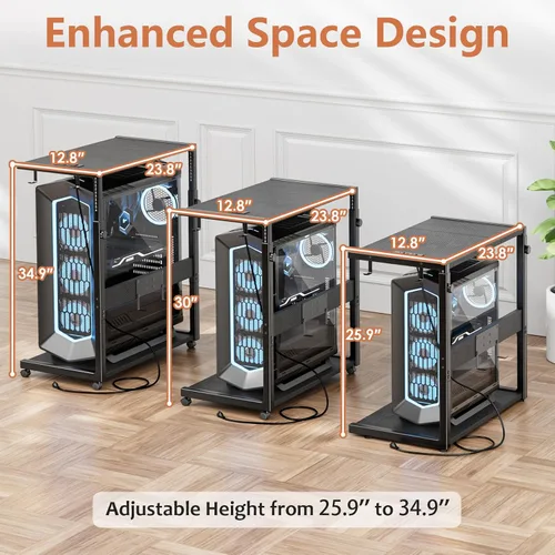 Vista 6 de JANE EYRE - Soporte ajustable para computadora para videojuegos: altura de 15 niveles Soporte para CPU con ruedas giratorias y toma de corriente