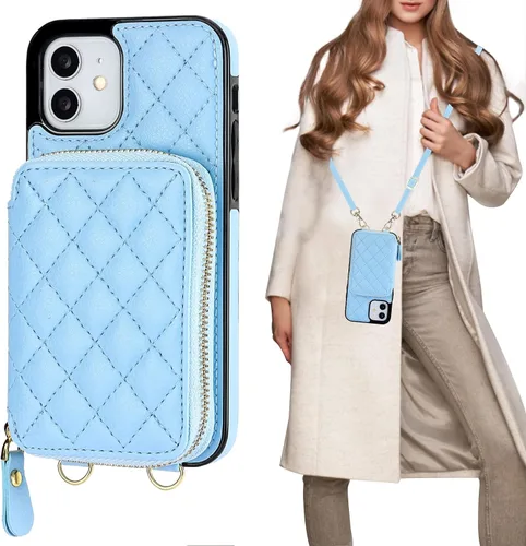 Vista 16 de Bocasal Funda tipo cartera cruzada para iPhone 12/12 Pro, bloqueo RFID, de piel sintética, con cremallera, bolso cartera con tapa plegable, funda