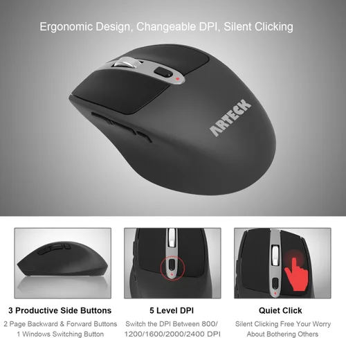 Vista 3 de Arteck Combo de teclado y mouse inalámbricos de 2.4G, teclado ultradelgado de tamaño completo y ratones ergonómicos para computadora, computadora