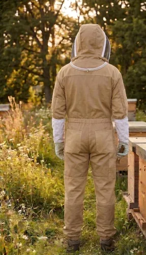Vista 4 de MS Traje de apicultor de algodón de abeja con un par de guantes y velo de esgrima