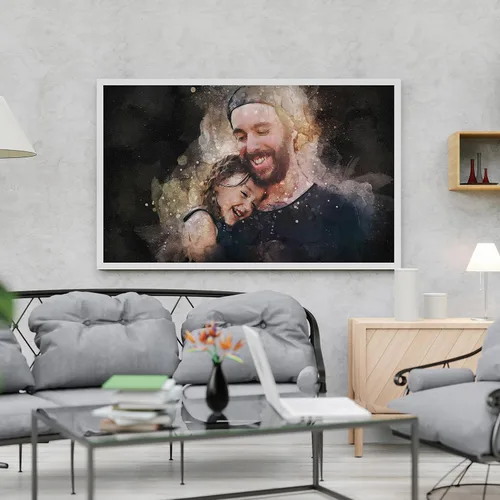 Vista 6 de Awesometik Retrato personalizado Ilustración de acuarela personalizada Padre e hija Acuarela con fondo oscuro Impresión en lienzo Regalo del Día