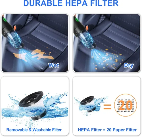 Vista 4 de LUCKYERMORE Aspiradora de coche inalámbrica, 8500 Pa de alta potencia con filtro HEPA lavable, aspiradora de mano húmeda y seca recargable