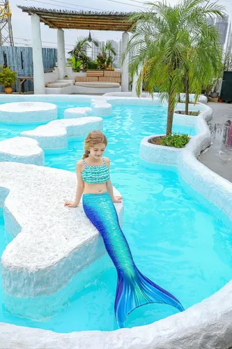 Vista 6 de DNFUN Traje de baño de sirena de 3 piezas para niñas, con cola de sirena, sin monoaleta