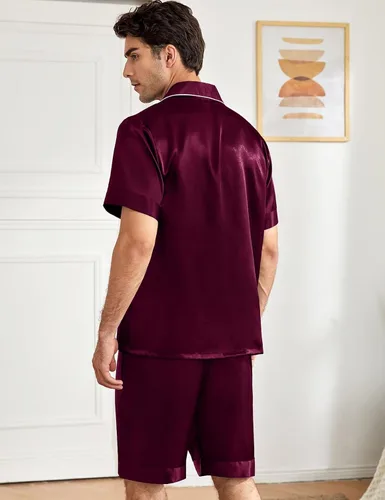 Vista 5 de SWOMOG Mens Silk Pajama Set 2 Pieces Short Sleeve Soft Satin Sleepwear Button Down Pj