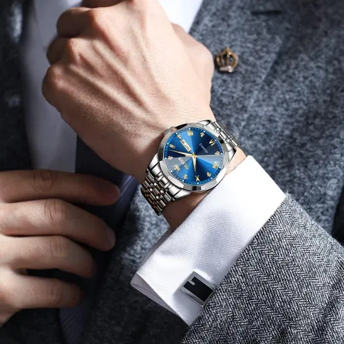 Vista 4 de OLEVS Relojes de pulsera analógicos de cuarzo con diamantes para hombre, con fecha, de dos tonos, de acero inoxidable, impermeables, luminosos