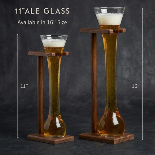 Vista 2 de Bey-Berk Vaso de cerveza personalizado con soporte de madera, vaso de cerveza largo de 12 onzas y base de madera maciza grabable