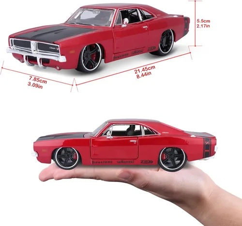 Vista 7 de 1969 Dodge Charger R/T Rojo Metálico con Capucha Negra y Rayas Negras Classic Muscle 1/25 Modelo de Auto Fundido a Presión por Maisto