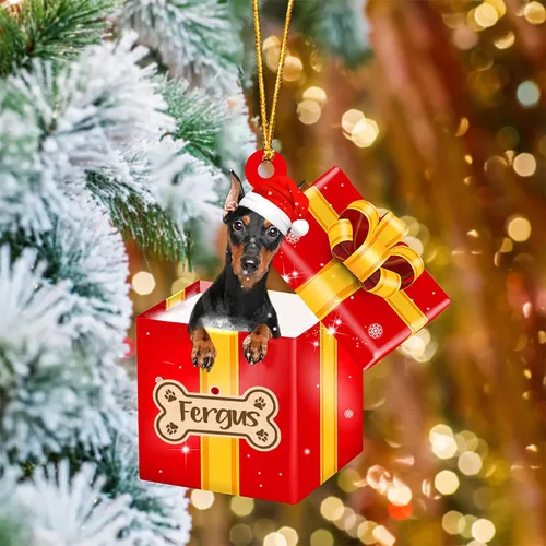 Vista 6 de Adorno de Navidad personalizado de Akita Inu, nombre personalizado Akita Inu para árbol de Navidad, en caja de regalo roja
