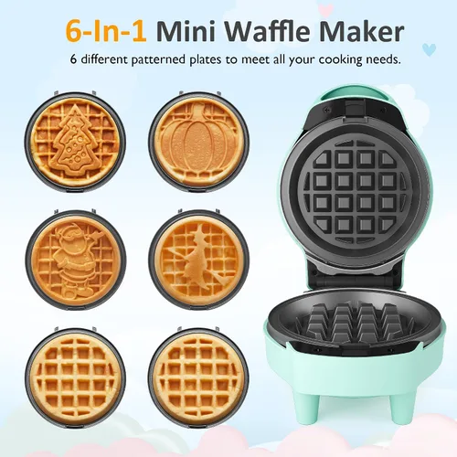 Vista 3 de Sunvivi Mini waflera de 4 pulgadas: waflera 6 en 1 con Juego de 6 platos antiadherentes extraíbles