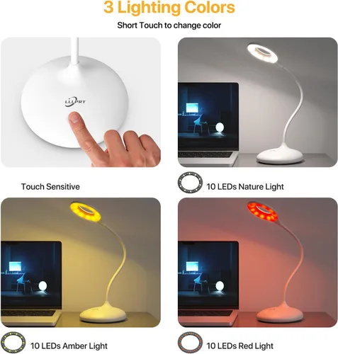 Vista 2 de Lámpara de escritorio recargable inalámbrica con 3 modos de color, control táctil, lámpara de mesa de 30 LED, luz de lectura de atenuación continua