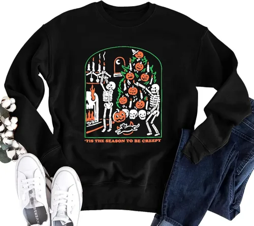 Vista 6 de YI XIANG RAN Sudadera de Halloween para mujer, diseño de esqueletos, estilo vintage, informal, holgada, cuello redondo, sin botones