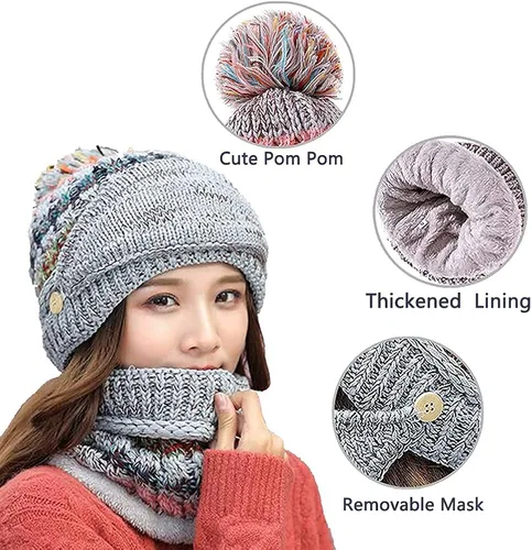 Vista 4 de Gorro de invierno para mujer con forro polar y solapas para las orejas con pompón bufanda y máscara cálido suave y holgado