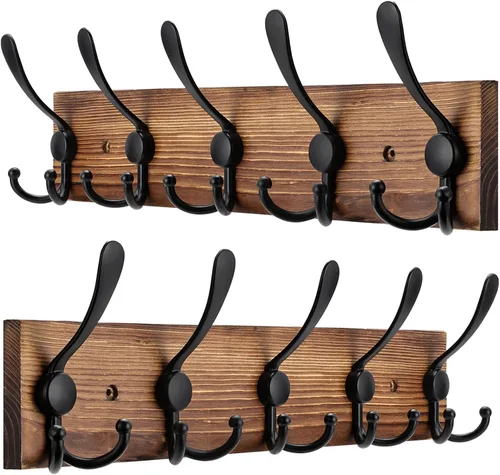 Vista 9 de Kuhome Perchero de madera para colgar sombreros de pared, tablón de madera real de pino de 16.9 pulgadas, color marrón, con 5 ganchos triples