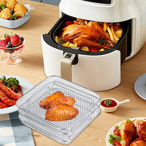 Vista 6 de Estante para freidora de aire, 3 capas de acero inoxidable, estante apilable para freidora de aire con 8 pies de silicona para horno, olla