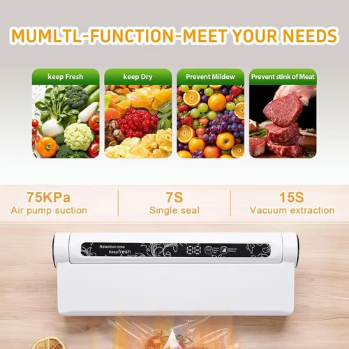 Vista 2 de Máquina selladora al vacío para guardar alimentos, succión fuerte de 75 KPA para alimentos secos/húmedos, temporizador digital de cuenta regresiva