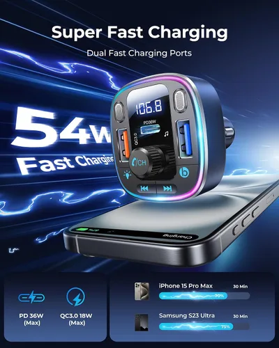 Vista 3 de LENCENT Bluetooth 5.4 Adaptador de coche Transmisor FM 54W Carga rápida Dual Mics, HiFi Bass Sound, 2 Modes LED Backlit, Cigarette Lighter Adapter
