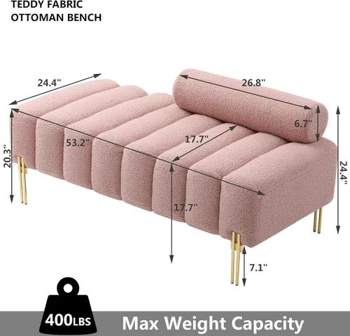 Vista 2 de Setawix Banco otomano de tela de peluche, extremo de la cama, canal, copetudo, para dormitorio, ventana, entrada, bancos rectangulares tapizados