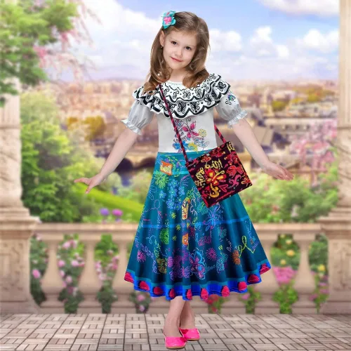 Vista 7 de URAQT Mirabel - Vestido de disfraz 2022, fantástico vestido Mirabel para niñas con bolsa, vestido de princesa Madrigal para niña