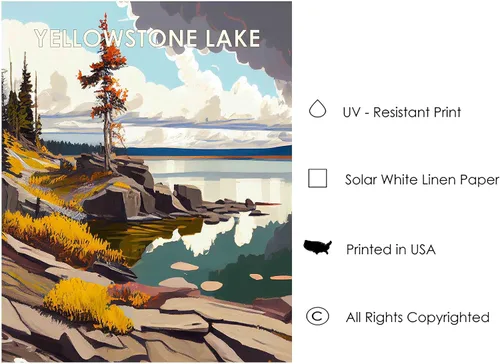 Vista 7 de Yellowstone Lake - Póster impreso artístico, ilustración, arte de pared, decoración de paisaje retro, paisaje, obra de arte para decoración de Lago