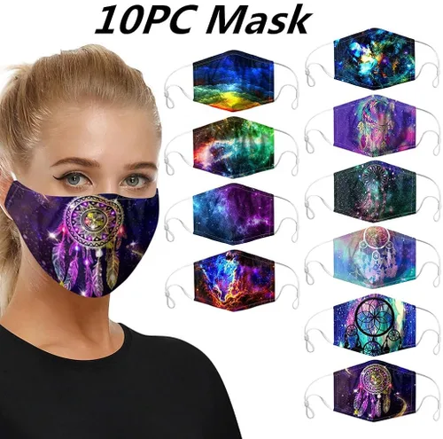 Vista 2 de poxiao 10 bandanas de tela para mujer, diseño de teñido anudado, reutilizables, lavables, con cintas elásticas ajustables para las orejas, bolsillo