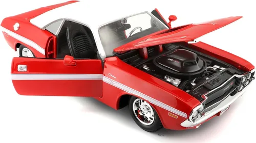 Vista 2 de 1970 Dodge Challenger R/T Coupé Rojo con parte superior blanca y rayas blancas 1/24 Modelo de automóvil fundido a troquel por Maisto