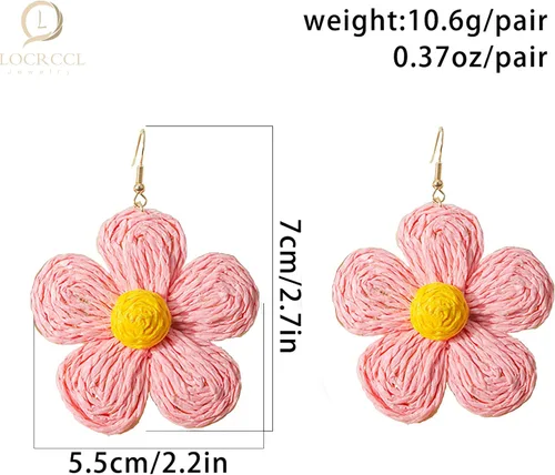 Vista 2 de Locrccl Aretes colgantes de ratán envueltos en paja de rafia para mujer, aretes de ratán para vacaciones de verano, esenciales para playa, aretes