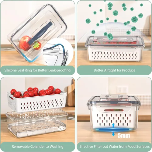 Vista 5 de 5 recipientes de almacenamiento de frutas para refrigerador con colador extraíble y tapa con asa, organizadores y almacenamiento de refrigerador