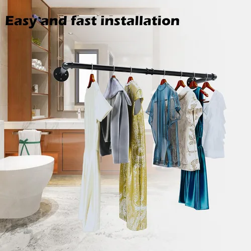 Vista 5 de Perchero industrial de tubería, resistente y desmontable, para colgar en la pared, barra de ropa rústica para ahorrar espacio, barra multiusos