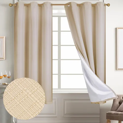 Vista 2 de Diraysid Cortinas 100% opacas de lino beige para dormitorio, con ojales, aislamiento térmico, cortinas de oscurecimiento de habitación