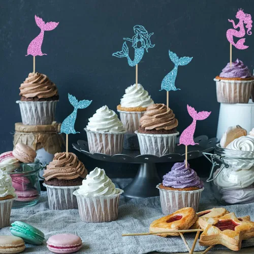 Vista 3 de 12 adornos para cupcakes con temática de cola de sirena, decoración de fiesta de cumpleaños