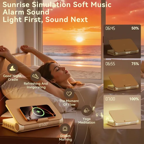 Vista 5 de Vivilumens Altavoz Bluetooth de carga inalámbrica 5 en 1 altavoz fuerte para adultos adolescentes forma de libro estética amanecer luz de despertar