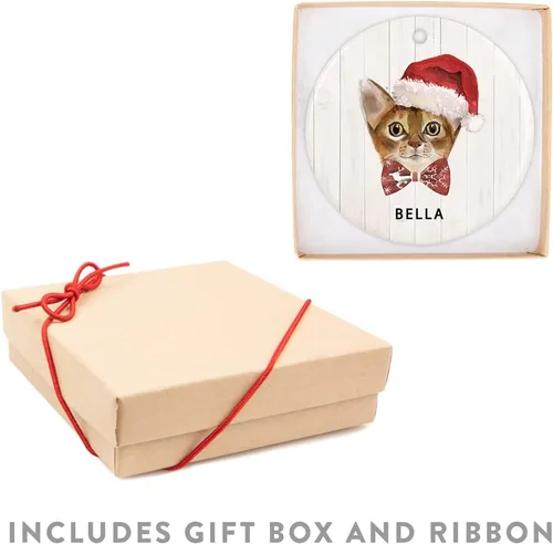 Vista 6 de Andaz Press Adorno redondo personalizado de cerámica para árbol de Navidad, abisinio, corona de acebo, sombrero de Papá Noel, con gráfico de gato
