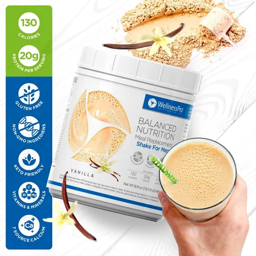 Vista 2 de WellnessPro Batido de reemplazo de comidas Balanced Nutrition para hombre, fórmula específica en polvo para hombres, 15 porciones, sabor vainilla