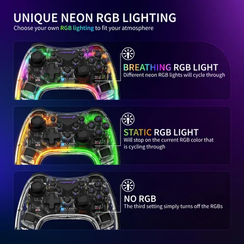 Vista 2 de Fosmon Wireless Controller, Gaming Controller with RGB Lights for SwitchLiteOLED and AndroidiOSPCSteamApple Arcade MFi Games & Tesla, Switch Pro