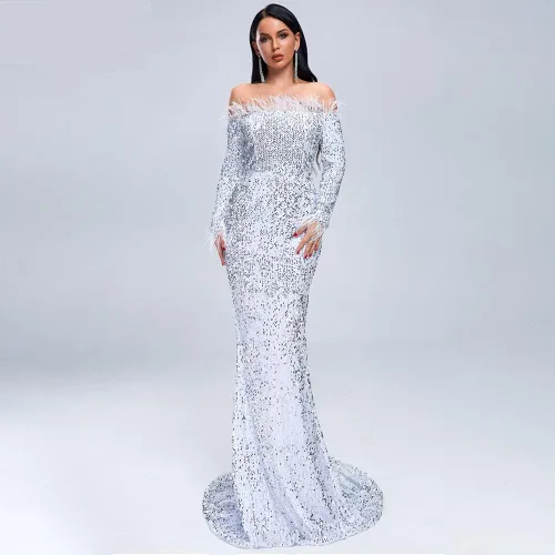 Vista 2 de VA Vestido largo sin tirantes para mujer, sin tirantes, manga larga, espalda descubierta, hasta el suelo, con lentejuelas, para boda, fiesta de noche