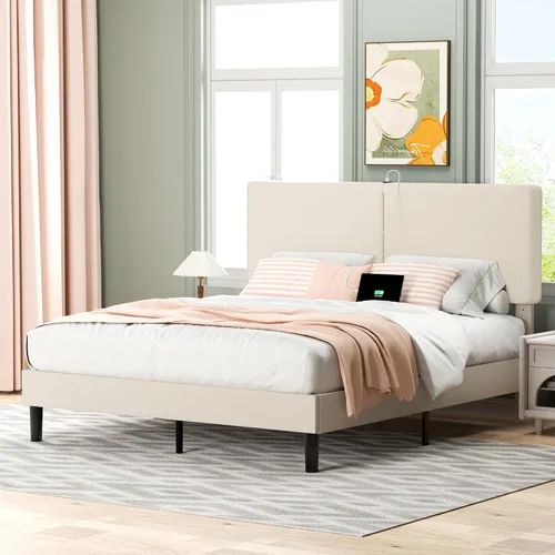 Vista 7 de VECELO Base de cama Queen con puertos tipo C y USB, plataforma tapizada de algodón y lino ajustable en altura ajustable, no necesita somier, sin