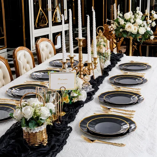 Vista 2 de supernal 60 piezas Platos de Cumpleaños Negros y Dorados Platos de Plástico para Fiestas y Platos Desechables Elegantes Platos Festoneados