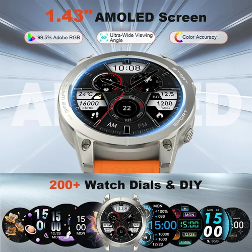 Vista 6 de Reloj inteligente para hombres con GPS Fitness: 1.43 "AMOLED Militar Hacer respuesta llamada Correr Relojes digitales para hombre Impermeable